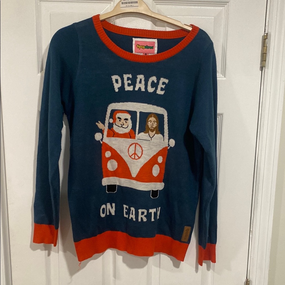 Tipsy Elves Blue and Red Holiday Tacky Sweater with Retro Van Design